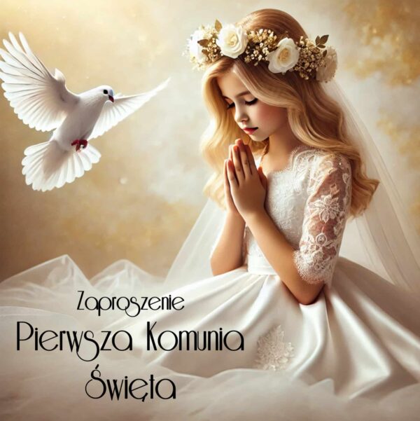 Zaproszenie na pierwszą komunię święta modląca się dziewczynka z gołąbkiem w tle