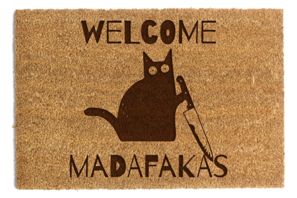 Śmieszna wycieraczka pod drzwi welcome madafakas kotek