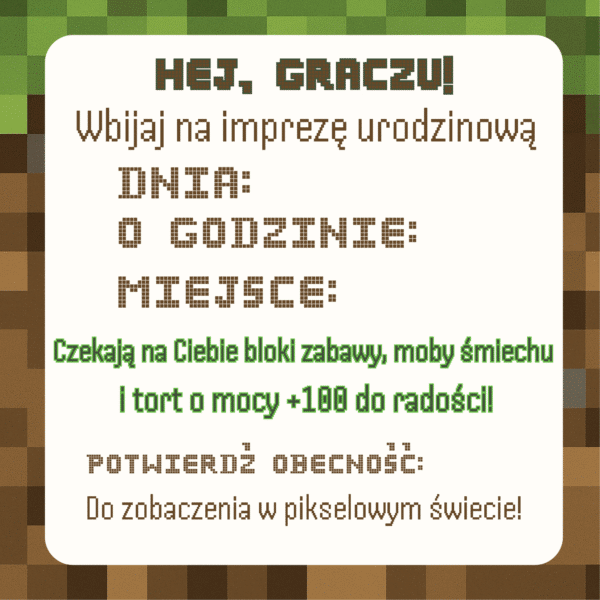 Zaproszenie urodzinowe piksele minecraft