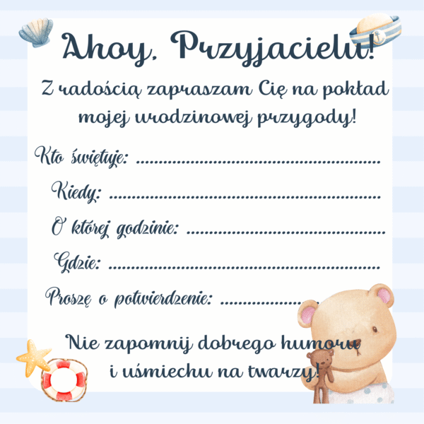 Zaproszenia urodzinowe z misiem marynarzem
