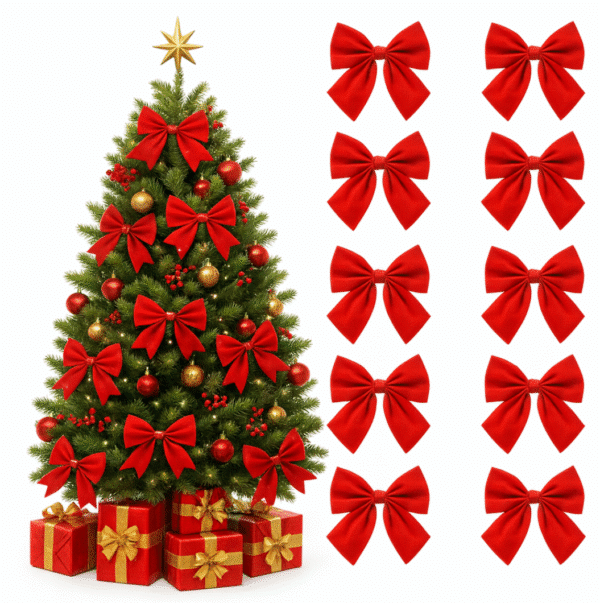 Kokardy na choinkę czerwone welurowe (1) Świąteczne kokardki w kolorze czerwonym na choinkę