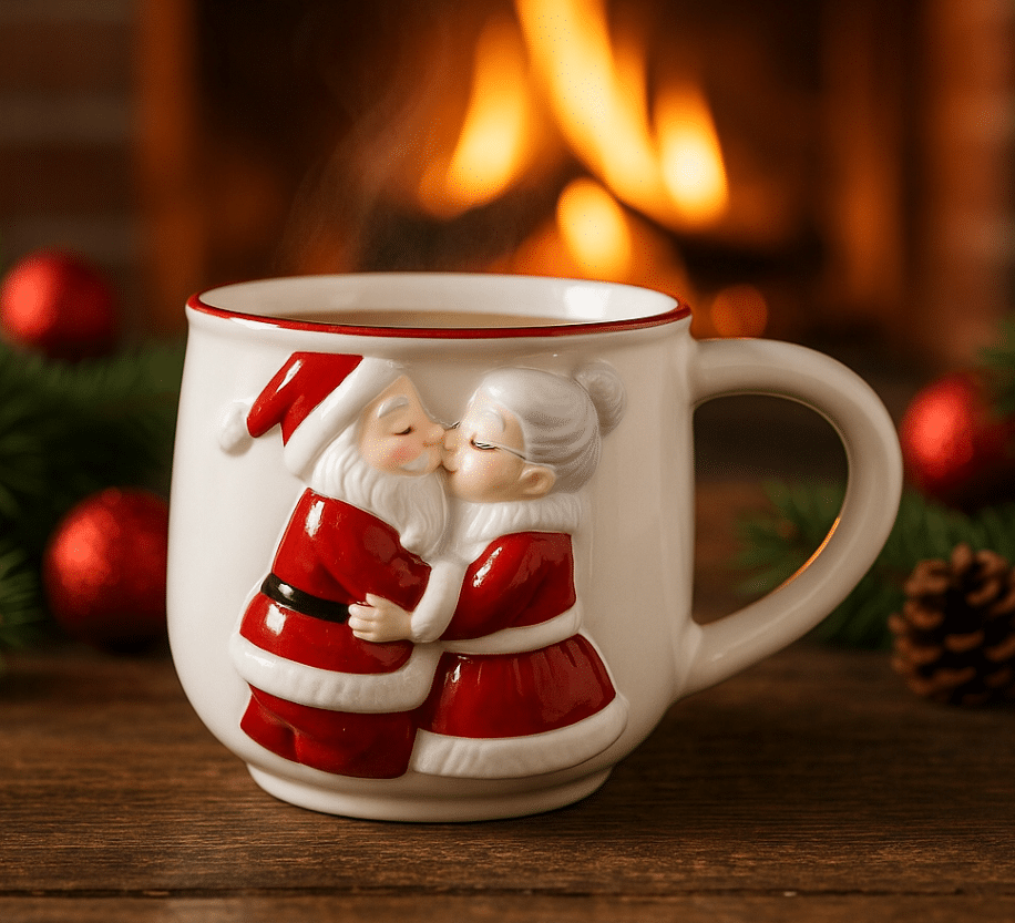 Świąteczny kubek całująca się mikołajka i mikołaj
