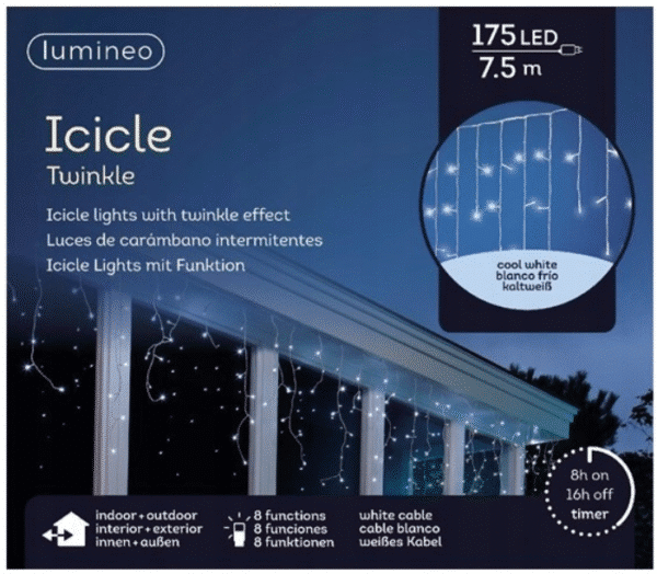 Świąteczne lampki Luminea Icicle Twinkle 175 LED (7,5 m) z zimnym białym światłem i efektem migotania