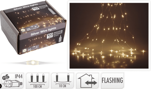 Dekoracyjne lampki Silver Wire Lights to elegancka girlanda świetlna na elastycznym, srebrnym druciku, idealna do tworzenia nastrojowego oświetlenia w domu i na zewnątrz. Zestaw obejmuje 100 diod LED w ciepłym białym kolorze, z czego 20 miga w trybie „flashing”, dodając subtelnego, efektownego połysku.