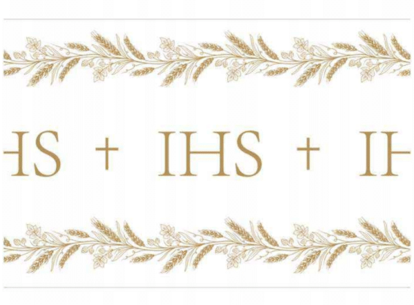 Bieżnik flizelinowy na komunię złote dodatki IHS krzyż liście