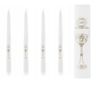 Białe świece komunijne złota hostia