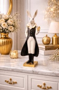 Figurka królik 33 cm z zegarem w stylu glamour. Elegancka dekoracja wielkanocna w kolorach czerni, bieli i złota.