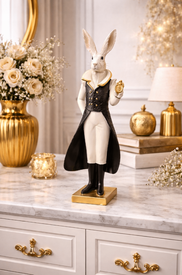Figurka królik 33 cm z zegarem w stylu glamour. Elegancka dekoracja wielkanocna w kolorach czerni, bieli i złota.