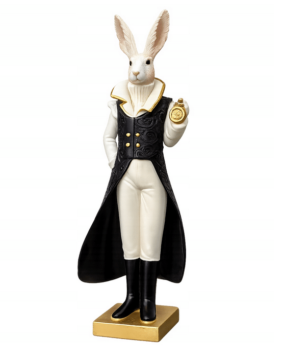 Figurka królik 33 cm z zegarem w stylu glamour. Elegancka dekoracja wielkanocna w kolorach czerni, bieli i złota.