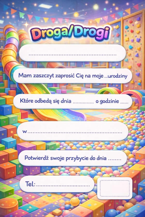 Zaproszenia urodzinowe dla dziecka Sala Zabaw – 8 szt. + koperty C6 i naklejki