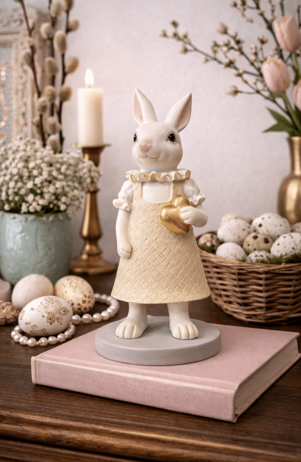 Figurka Pani Królik 20 cm z sercem. Elegancka dekoracja wielkanocna do domu i wiosennych aranżacji