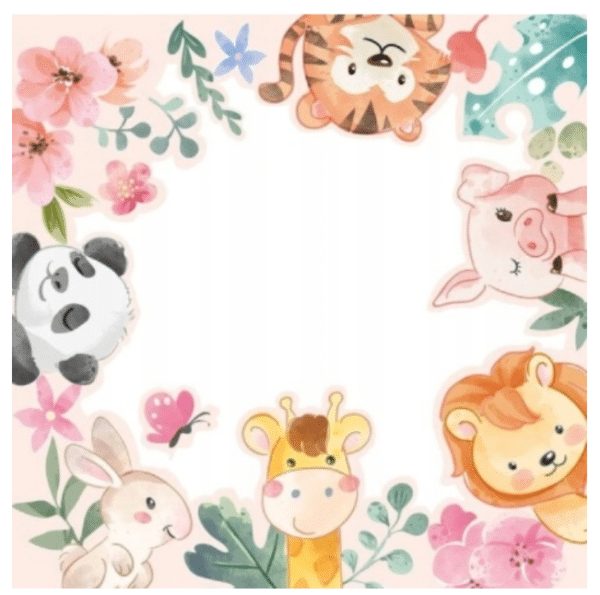 Serwetki papierowe 33 cm z motywem zwierzątek. Idealne na urodziny dzieci. Zestaw 20 sztuk, kolorowa dekoracja stołu.