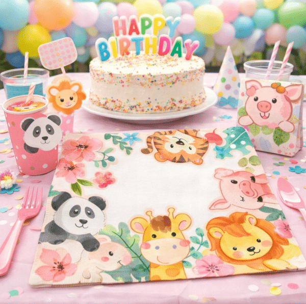 Serwetki papierowe 33 cm z motywem zwierzątek. Idealne na urodziny dzieci. Zestaw 20 sztuk, kolorowa dekoracja stołu.