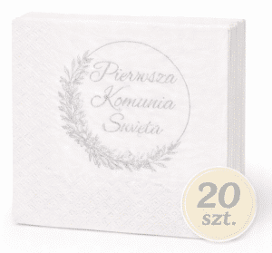 Serwetki na Komunię 20 szt. Białe ze srebrnym nadrukiem. Elegancka dekoracja stołu na Pierwszą Komunię Świętą.