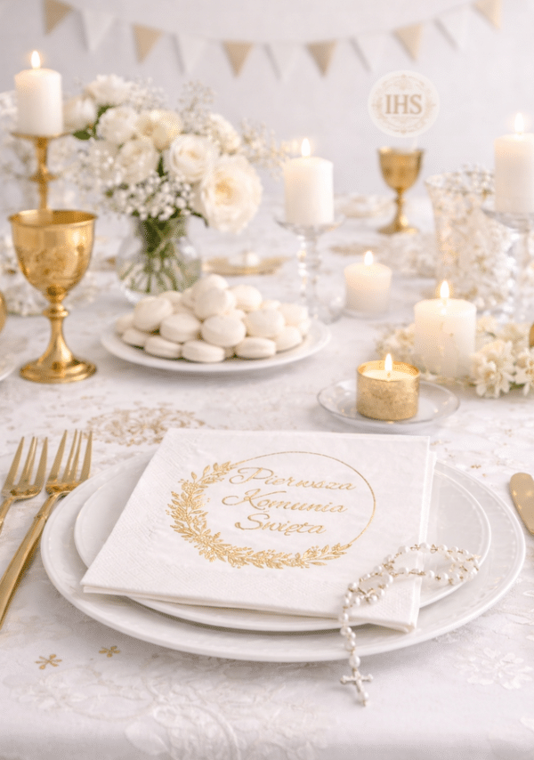 Serwetki na Pierwszą Komunię Świętą 20 szt. – Białe Złote