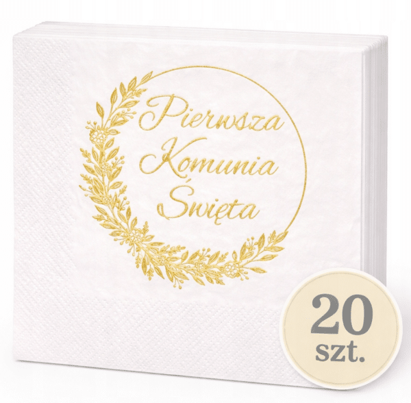Serwetki na Pierwszą Komunię Świętą 20 szt. Białe ze złotym nadrukiem. Elegancka dekoracja stołu na uroczystość.