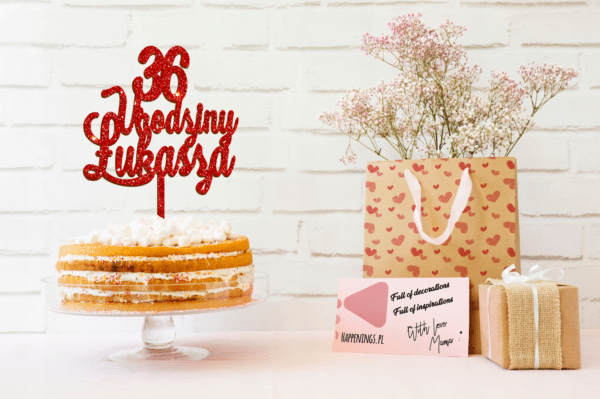 topper na tort dowolny napis w kolorze czerwonym brokatowy