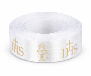 Wstążka komunijna satynowa 25 mm 23 m z nadrukiem IHS. Idealna do dekoracji stołu, prezentów i aranżacji na Komunię.