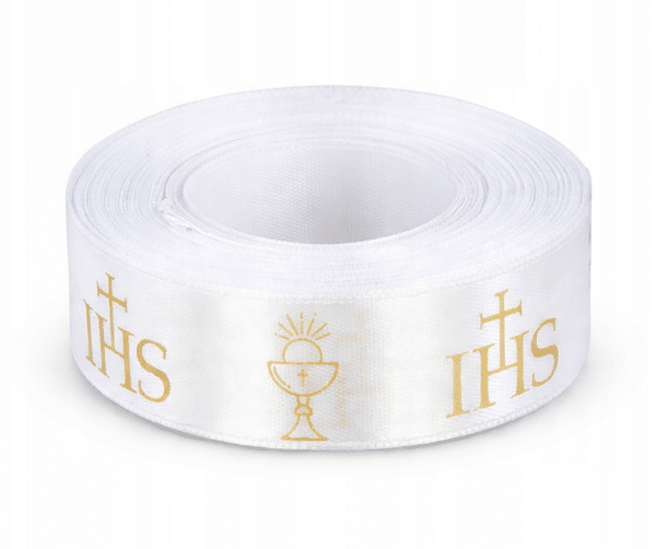 Wstążka komunijna satynowa 25 mm 23 m z nadrukiem IHS. Idealna do dekoracji stołu, prezentów i aranżacji na Komunię.