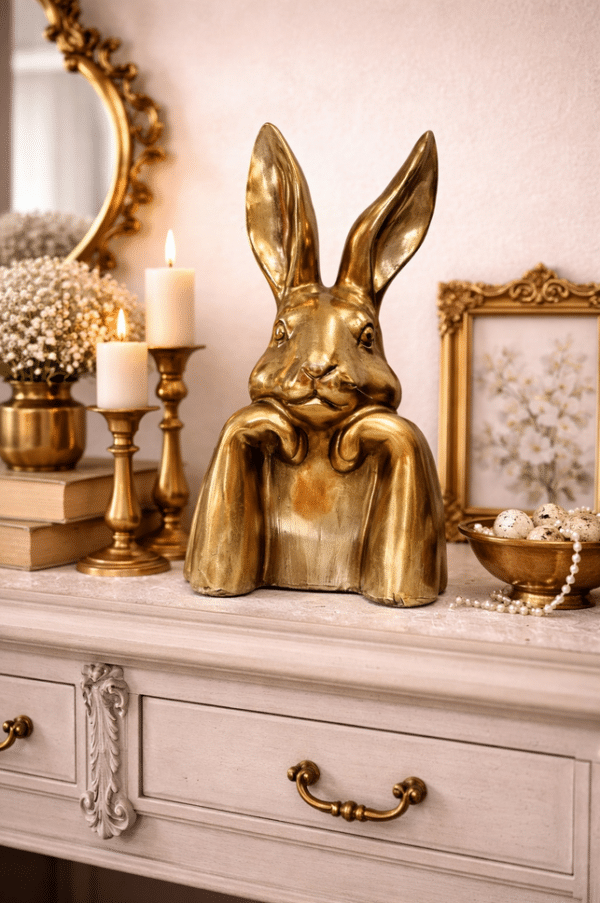 Złoty królik dekoracyjny 28 cm w stylu glamour. Elegancka figurka wielkanocna do wnętrz i świątecznych aranżacji.
