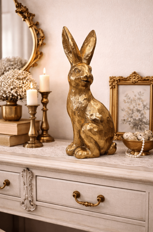 Złoty zając dekoracyjny 36,5 cm w stylu glamour. Elegancka figurka wielkanocna do domu i aranżacji wnętrz.