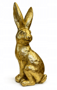 Złoty zając dekoracyjny 36,5 cm w stylu glamour. Elegancka figurka wielkanocna do domu i aranżacji wnętrz.