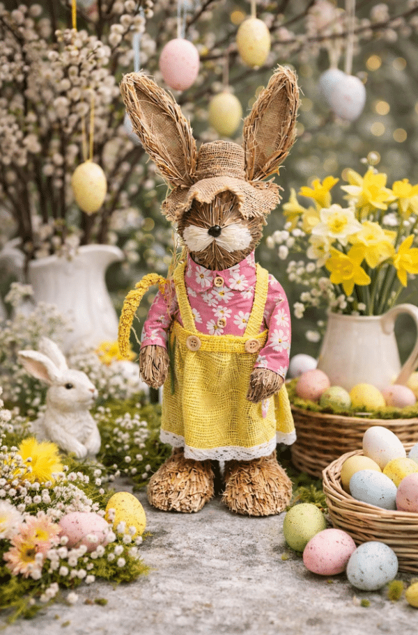 Zając wielkanocny słomiany 48 cm w stylu rustykalnym. Urocza dekoracja do domu na Wielkanoc i wiosnę.
