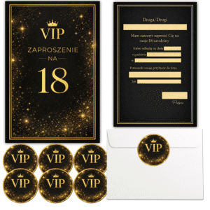 Zaproszenia na 18 urodziny VIP czarno-złote – 8 szt. + koperty C6 i naklejki