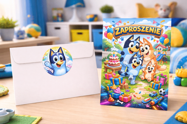 Kolorowe zaproszenia urodzinowe Bluey dla dzieci. Zestaw 8 zaproszeń 10,5 x 15 cm do wypisania + białe koperty C6 i naklejki 4,5 cm gratis.