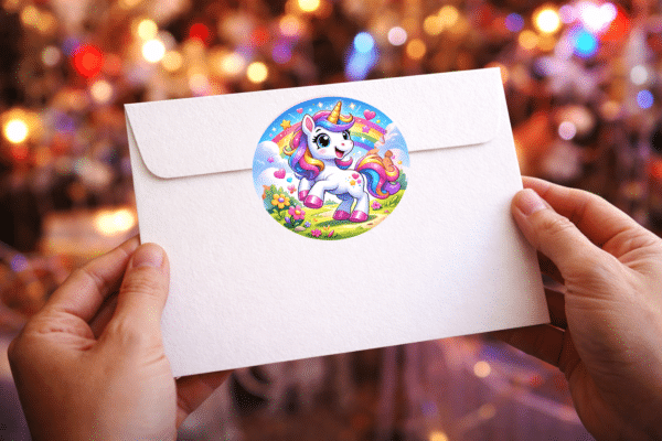 Kolorowe zaproszenia urodzinowe dla dziewczynki z motywem jednorożca. Zestaw 8 zaproszeń 10,5 x 15 cm do wypisania + koperty C6 i naklejki 4,5 cm gratis.