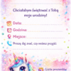 Kolorowe zaproszenia urodzinowe dla dziewczynki z motywem jednorożca. Zestaw 8 zaproszeń 10,5 x 15 cm do wypisania + koperty C6 i naklejki 4,5 cm gratis.