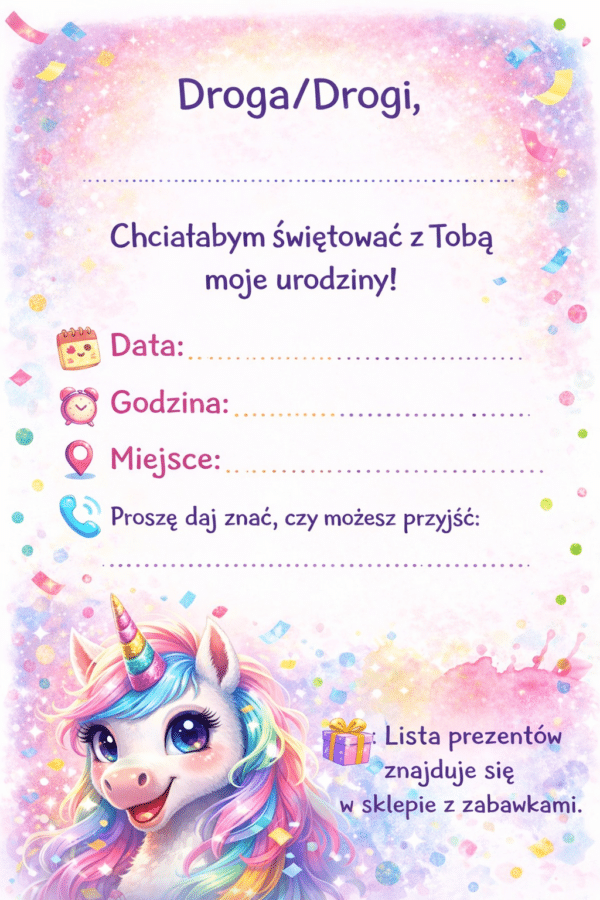 Kolorowe zaproszenia urodzinowe dla dziewczynki z motywem jednorożca. Zestaw 8 zaproszeń 10,5 x 15 cm do wypisania + koperty C6 i naklejki 4,5 cm gratis.