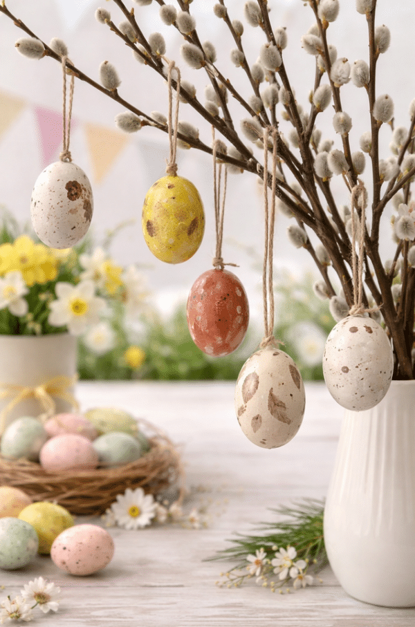 Zawieszki wielkanocne jajka 6 szt. Naturalne ozdoby na gałązki i stroiki. Styl rustykalny i wiosenny klimat.