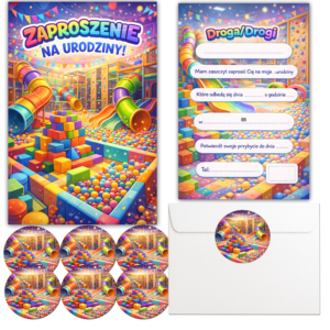 Zaproszenia urodzinowe dla dziecka Sala Zabaw – 8 szt. + koperty C6 i naklejki
