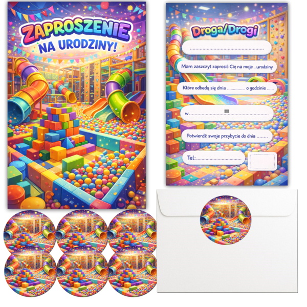 Zaproszenia urodzinowe dla dziecka Sala Zabaw – 8 szt. + koperty C6 i naklejki