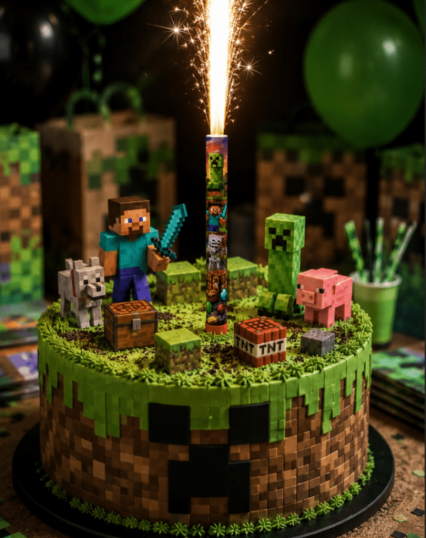 Fontanna Tortowa Minecraft PIKSELE GAMER 18 cm – Raca na Tort Urodzinowy Pixel Game