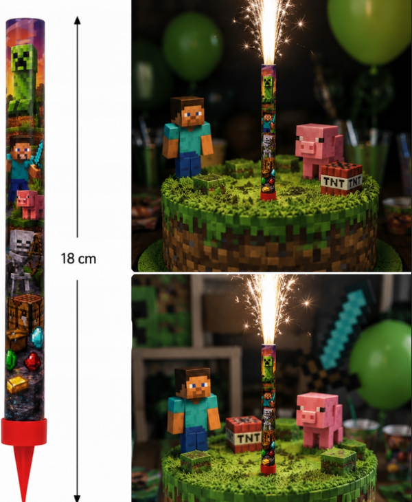 Fontanna Tortowa Minecraft PIKSELE GAMER 18 cm – Raca na Tort Urodzinowy Pixel Game