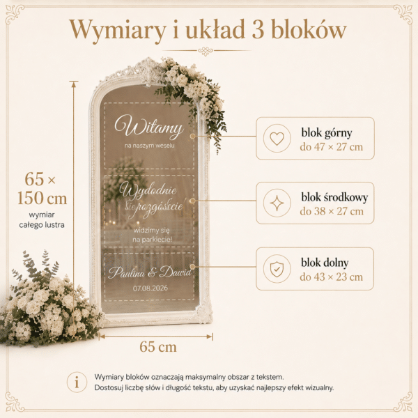 Elegancka naklejka na lustro to wyjątkowa dekoracja sali weselnej, strefy powitalnej lub miejsca przy wejściu na przyjęcie