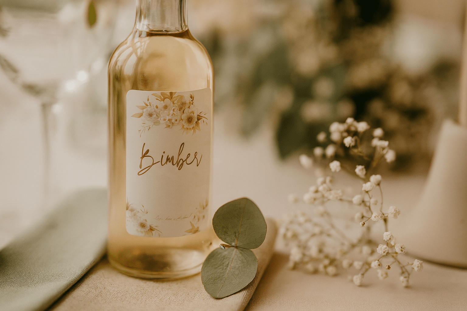 Butelka z etykietą na bimber weselny w aranżacji boho