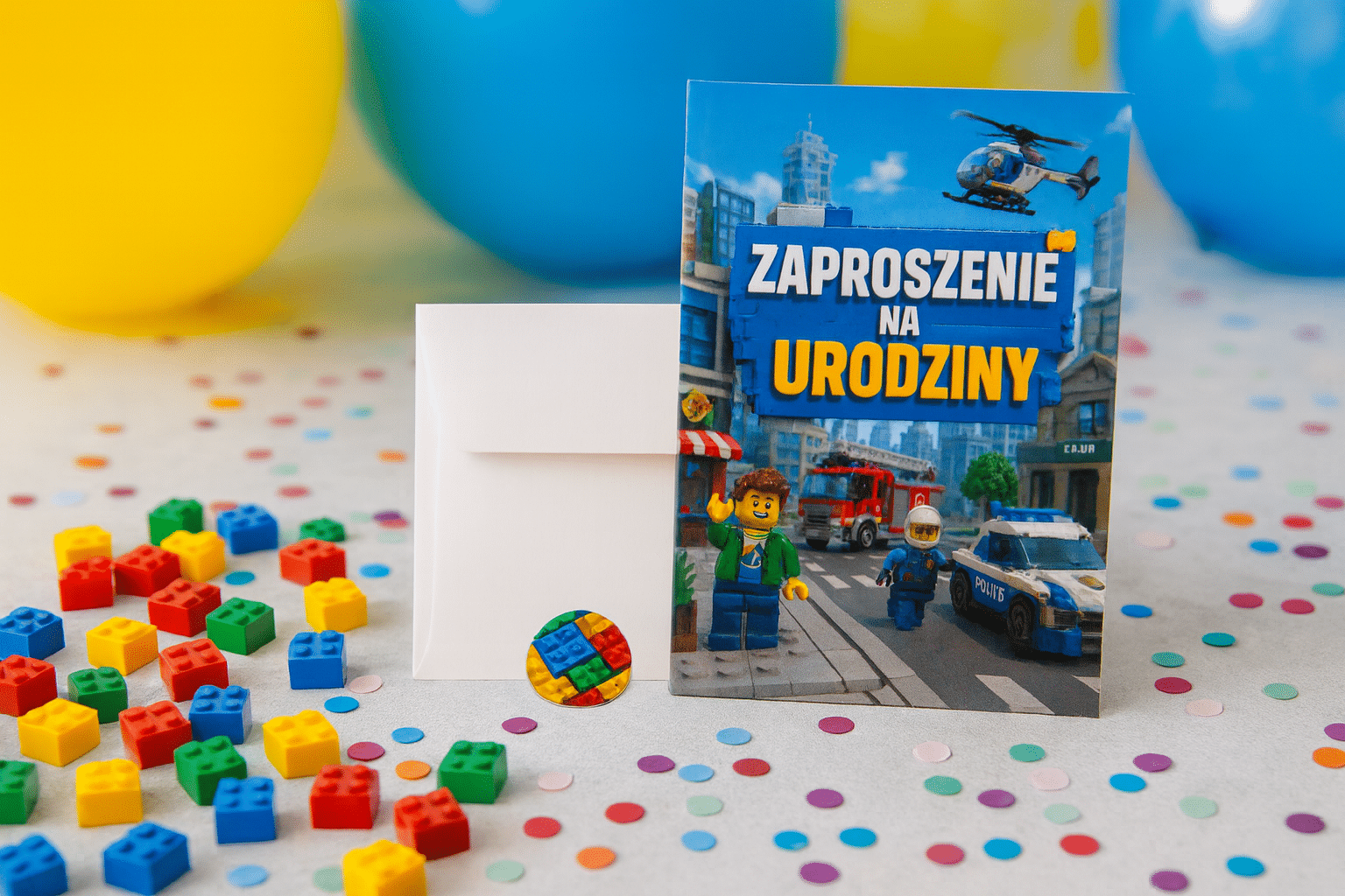 Kolorowe zaproszenie urodzinowe dla małego fana klocków