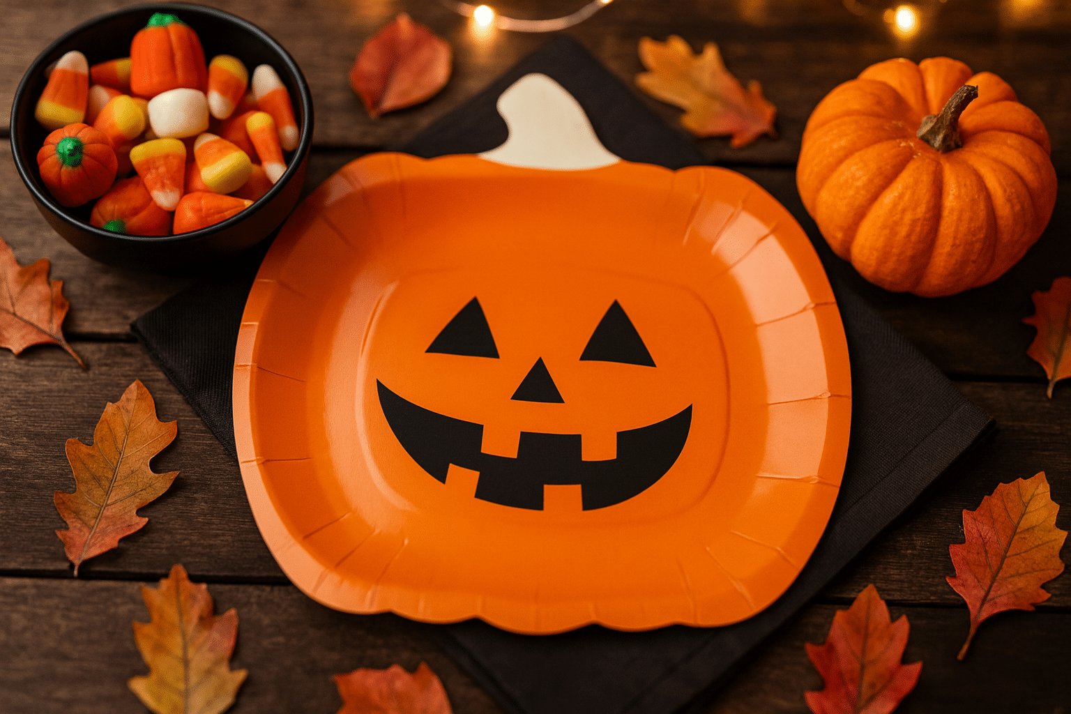 Nakrycie stołu na Halloween z talerzykiem w dynie