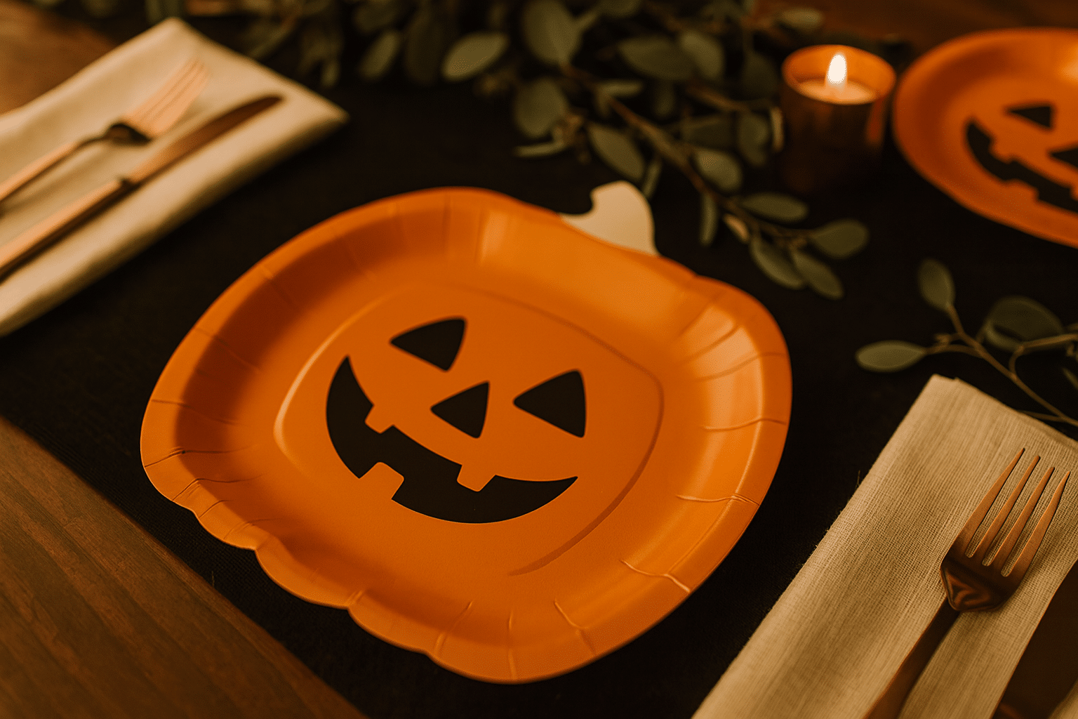 Pomarańczowo-czarna aranżacja stołu na Halloween z motywem dyni