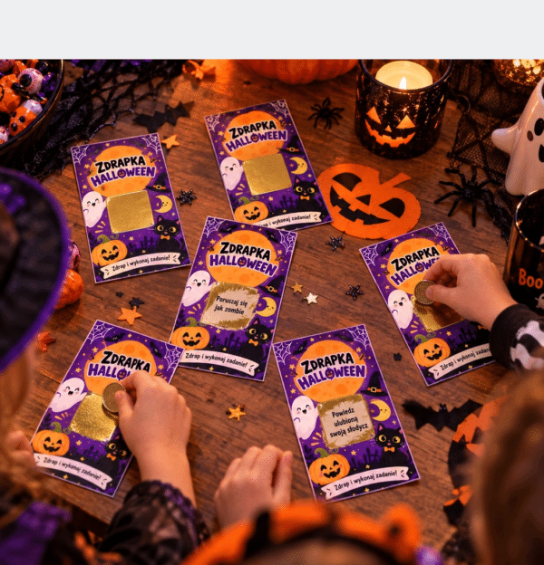 Karty zadań na halloween fioletowe